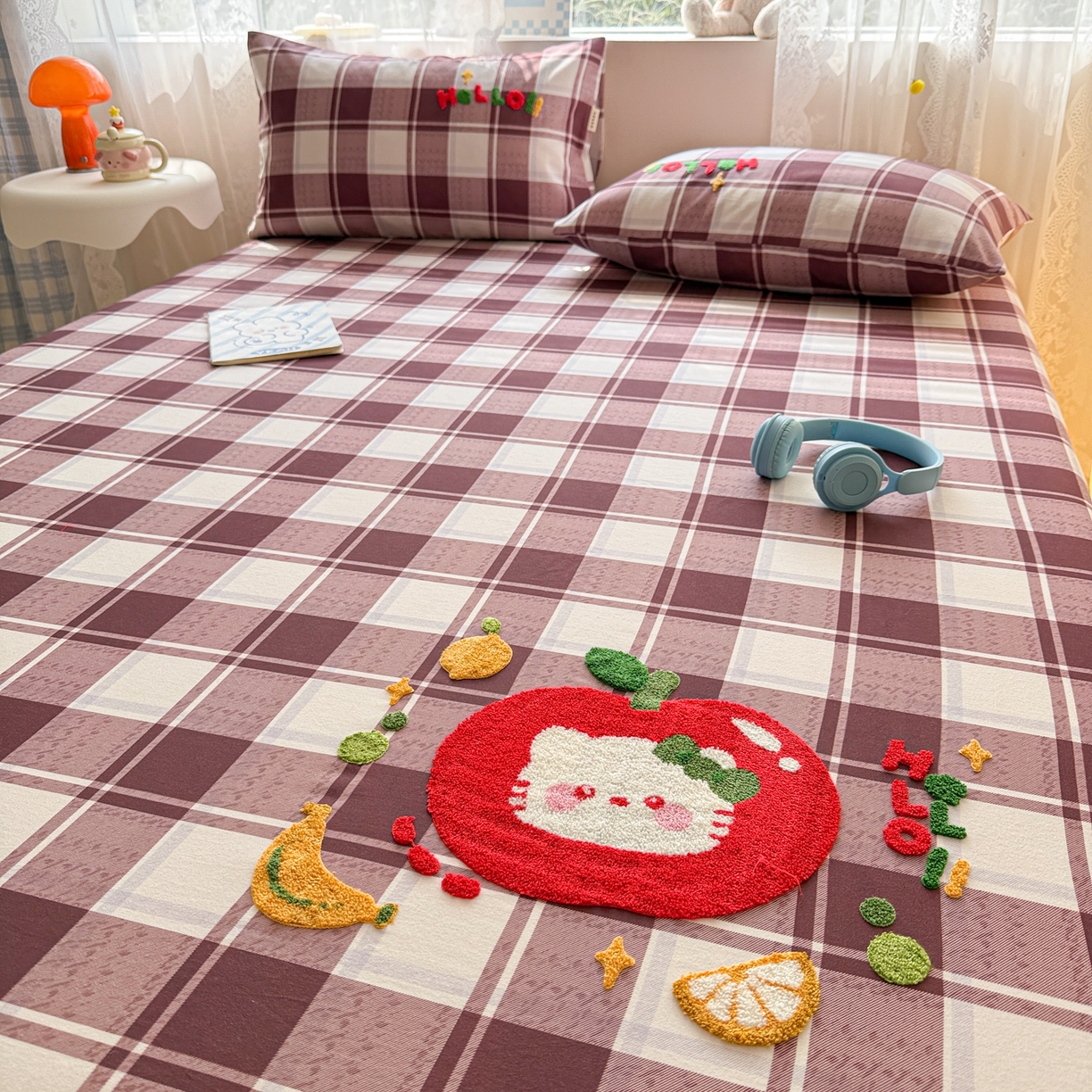 91家纺网 家纺一手货源 找家纺 沐辰 2025新款A类全棉磨毛绣花单品床单床笠 水果猫咪-床笠