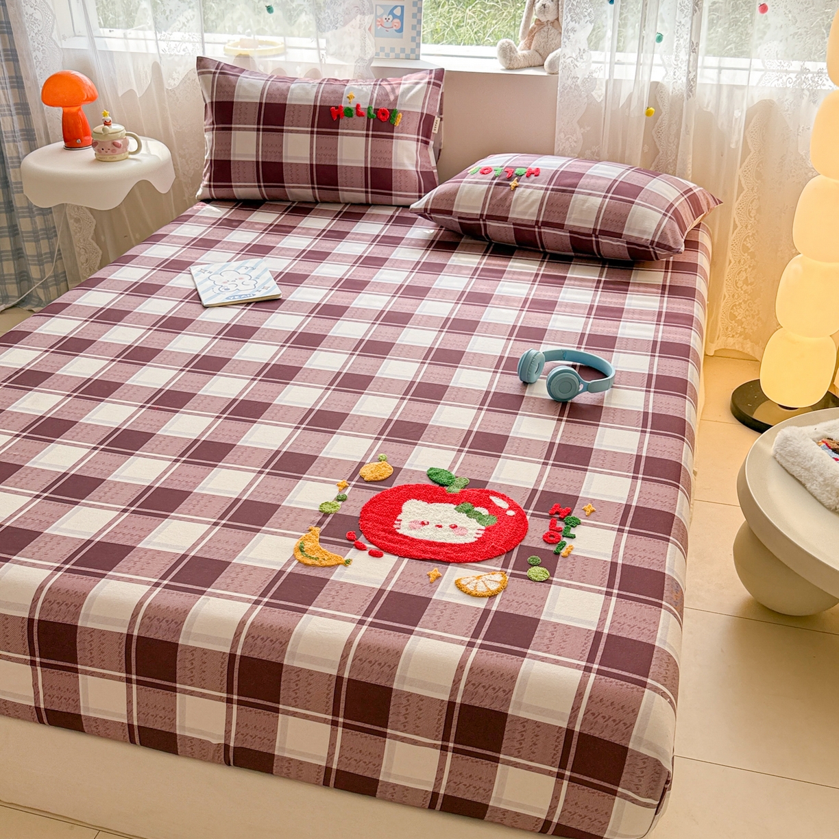 91家纺网 家纺一手货源 找家纺 沐辰 2025新款A类全棉磨毛绣花单品床单床笠 水果猫咪-床笠