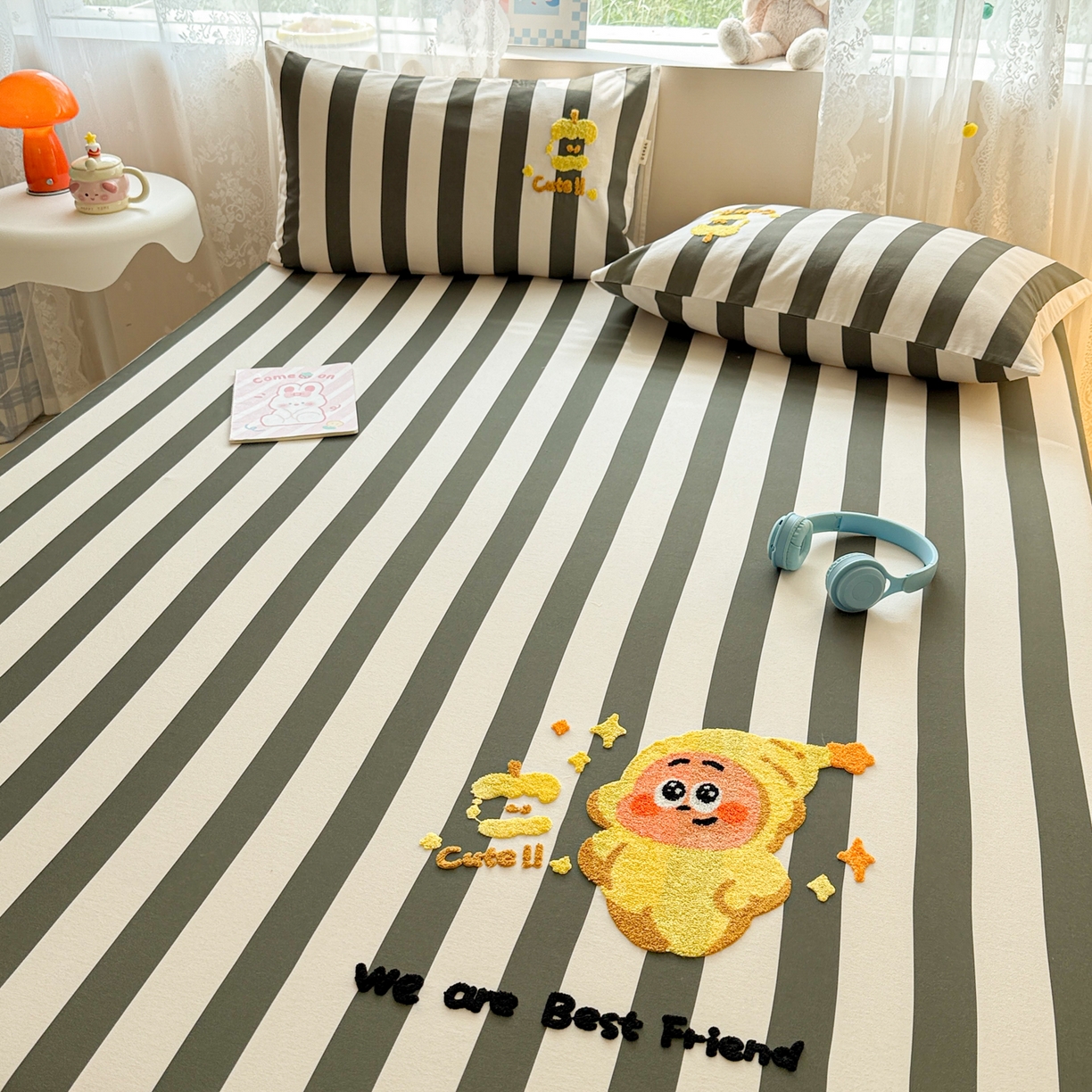 91家纺网 家纺一手货源 找家纺 沐辰 2025新款A类全棉磨毛绣花单品床单床笠 星星人条纹-床笠