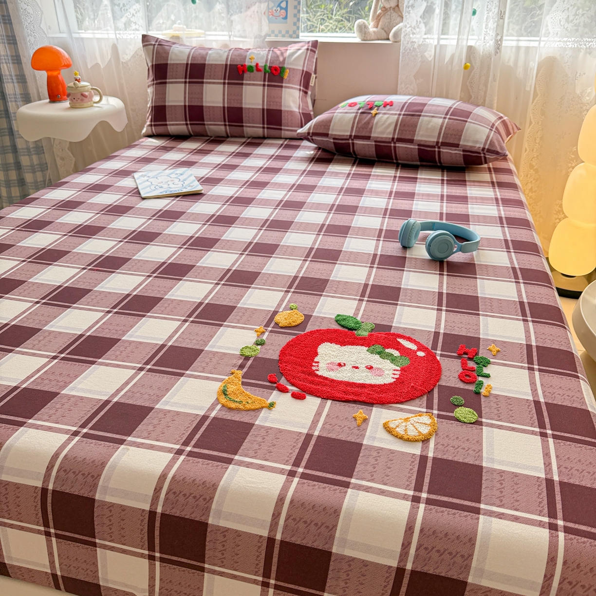 91家纺网 家纺一手货源 找家纺 沐辰 2025新款A类全棉磨毛绣花单品床单床笠 水果猫咪-床笠