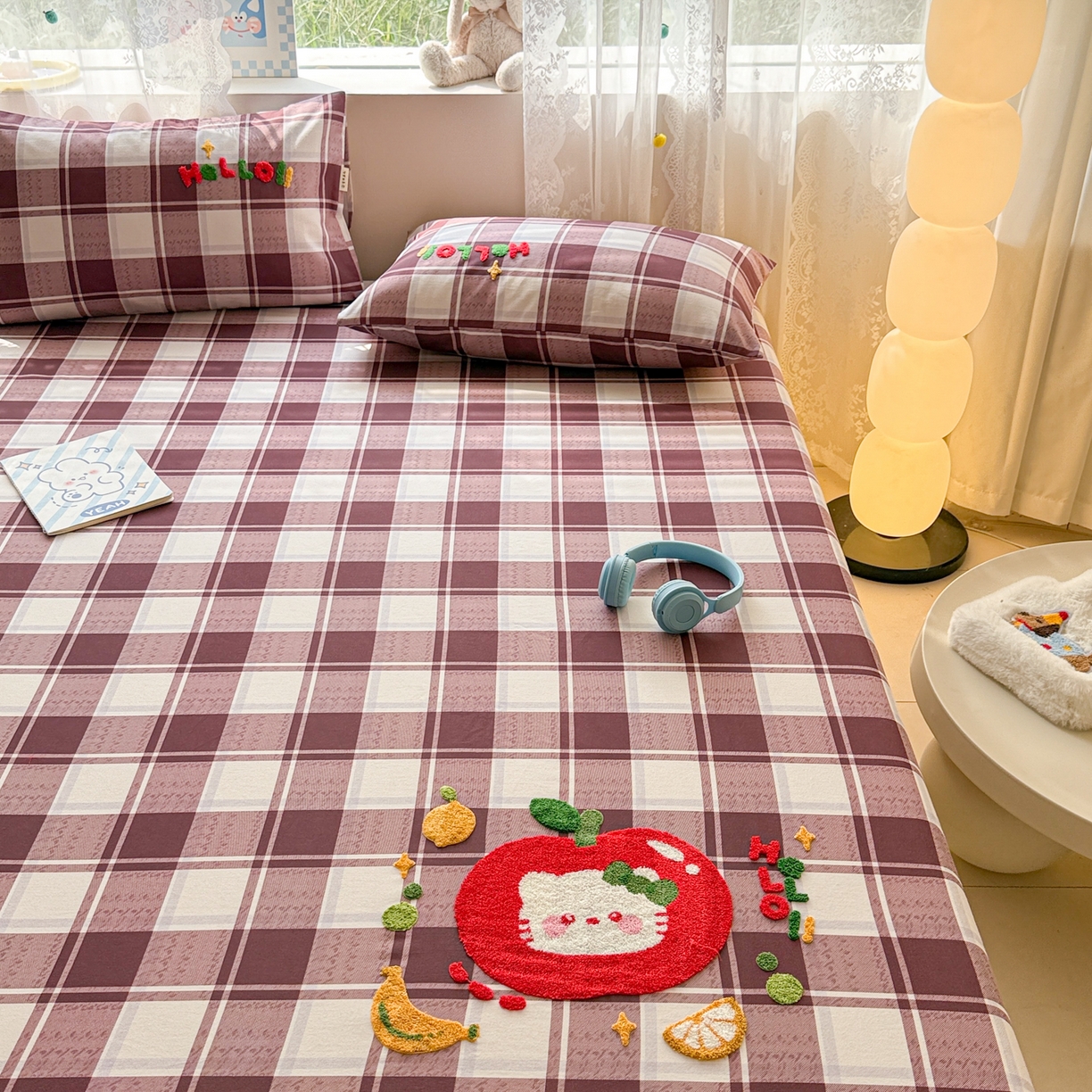 91家纺网 家纺一手货源 找家纺 沐辰 2025新款A类全棉磨毛绣花单品床单床笠 水果猫咪-床笠