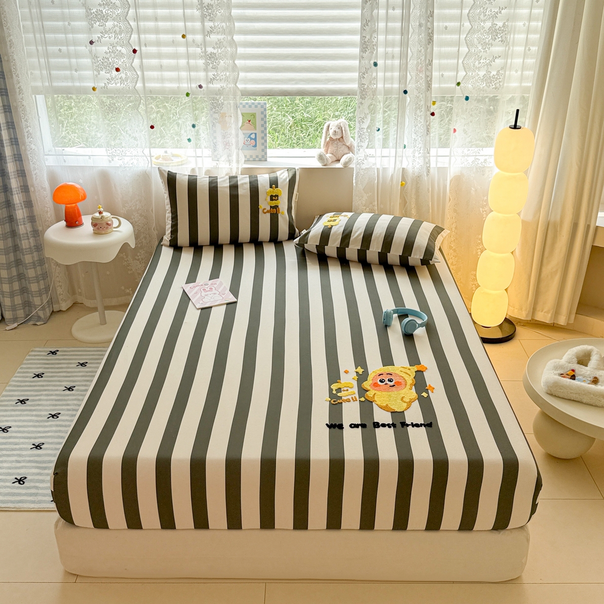 沐辰 2025新款A类全棉磨毛绣花单品床单床笠 星星人条纹-床笠