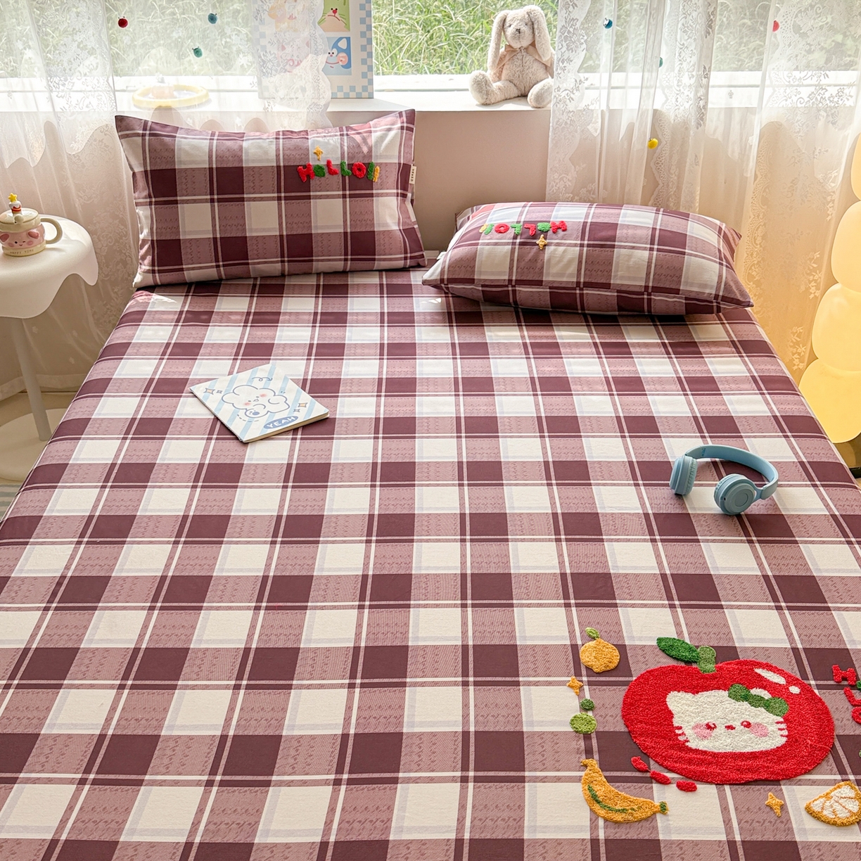 91家纺网 家纺一手货源 找家纺 沐辰 2025新款A类全棉磨毛绣花单品床单床笠 水果猫咪-床笠