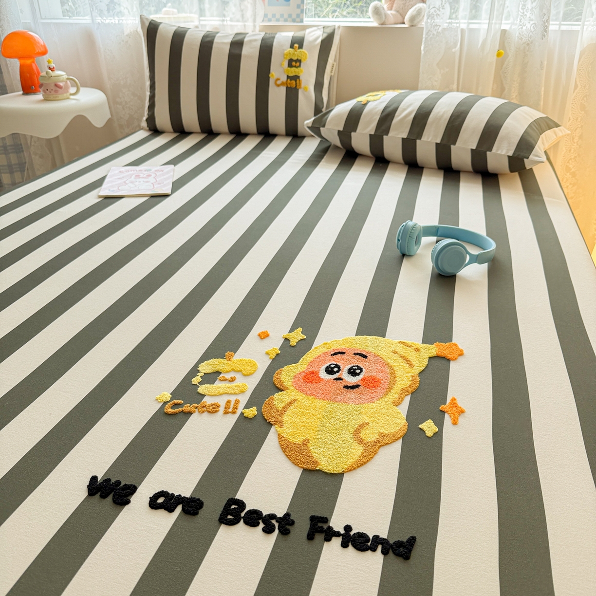 91家纺网 家纺一手货源 找家纺 沐辰 2025新款A类全棉磨毛绣花单品床单床笠 星星人条纹-床笠