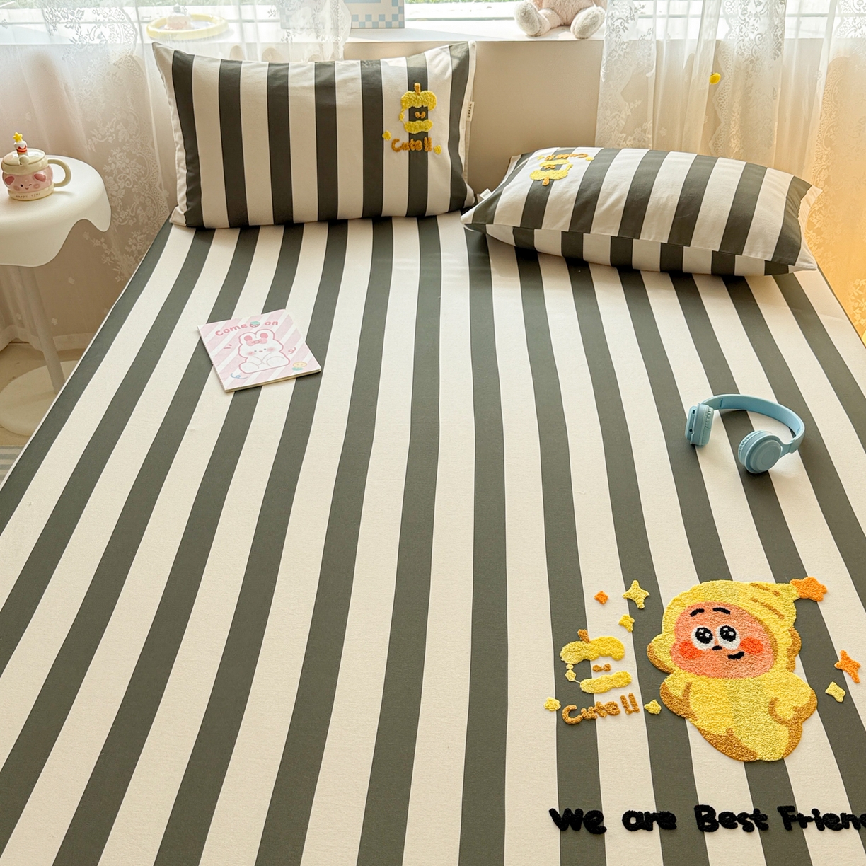 91家纺网 家纺一手货源 找家纺 沐辰 2025新款A类全棉磨毛绣花单品床单床笠 星星人条纹-床笠