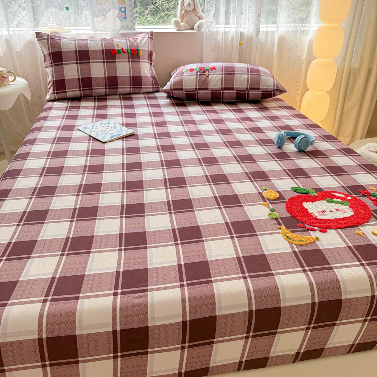 91家纺网 家纺一手货源 找家纺 沐辰 2025新款A类全棉磨毛绣花单品床单床笠 水果猫咪-床笠