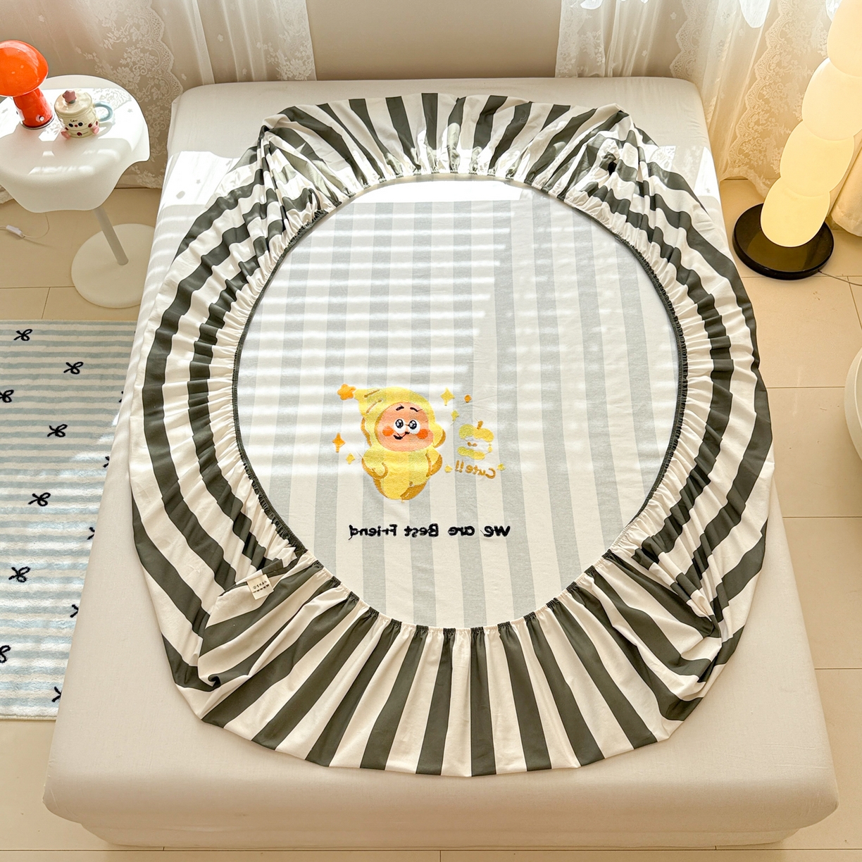 91家纺网 家纺一手货源 找家纺 沐辰 2025新款A类全棉磨毛绣花单品床单床笠 星星人条纹-床笠