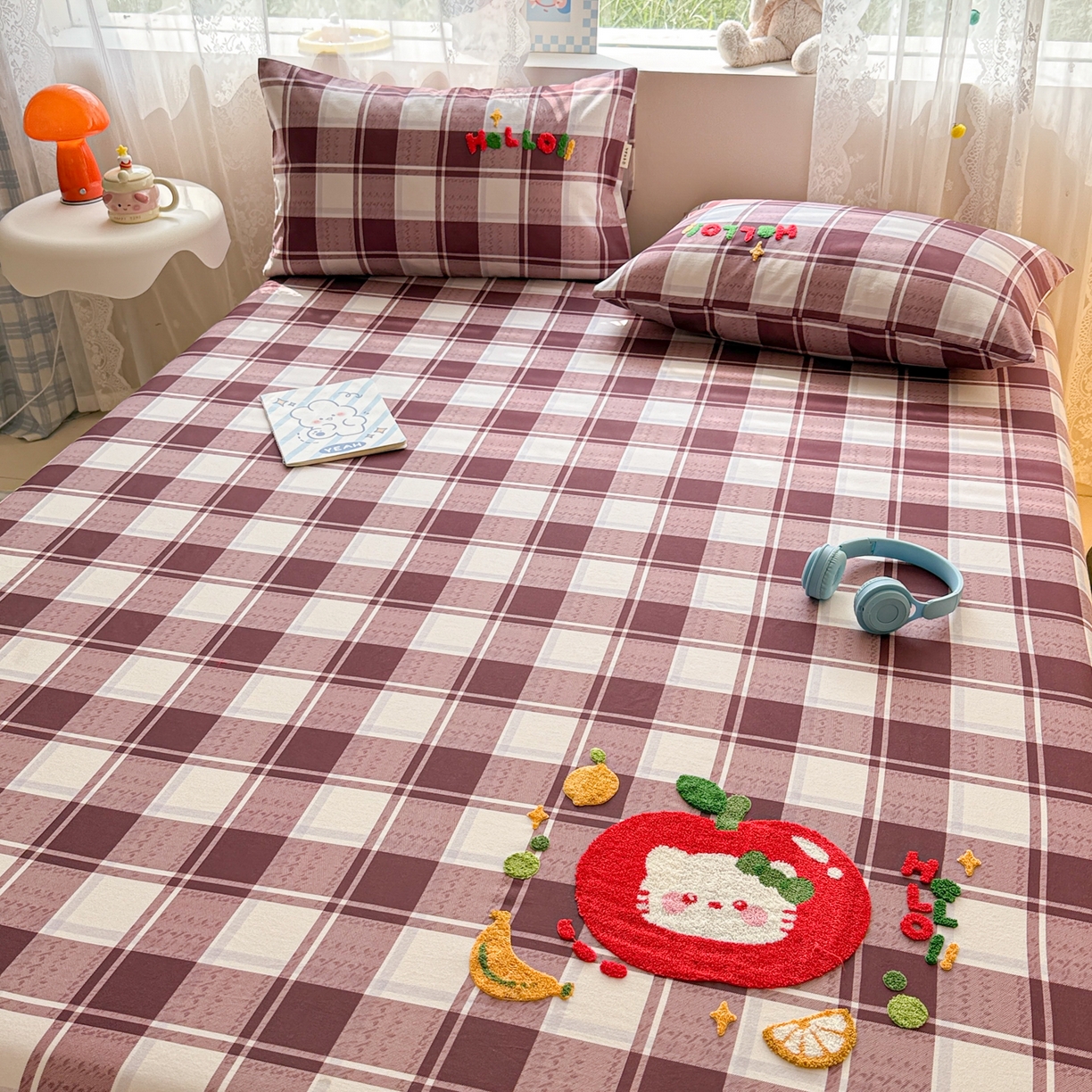 91家纺网 家纺一手货源 找家纺 沐辰 2025新款A类全棉磨毛绣花单品床单床笠 水果猫咪-床笠