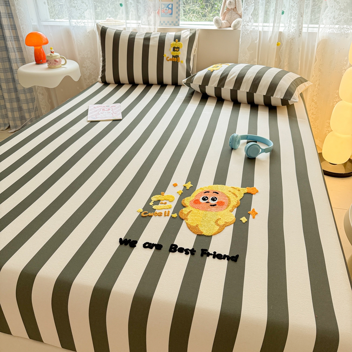 91家纺网 家纺一手货源 找家纺 沐辰 2025新款A类全棉磨毛绣花单品床单床笠 星星人条纹-床笠