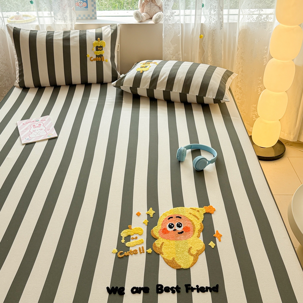 91家纺网 家纺一手货源 找家纺 沐辰 2025新款A类全棉磨毛绣花单品床单床笠 星星人条纹-床笠