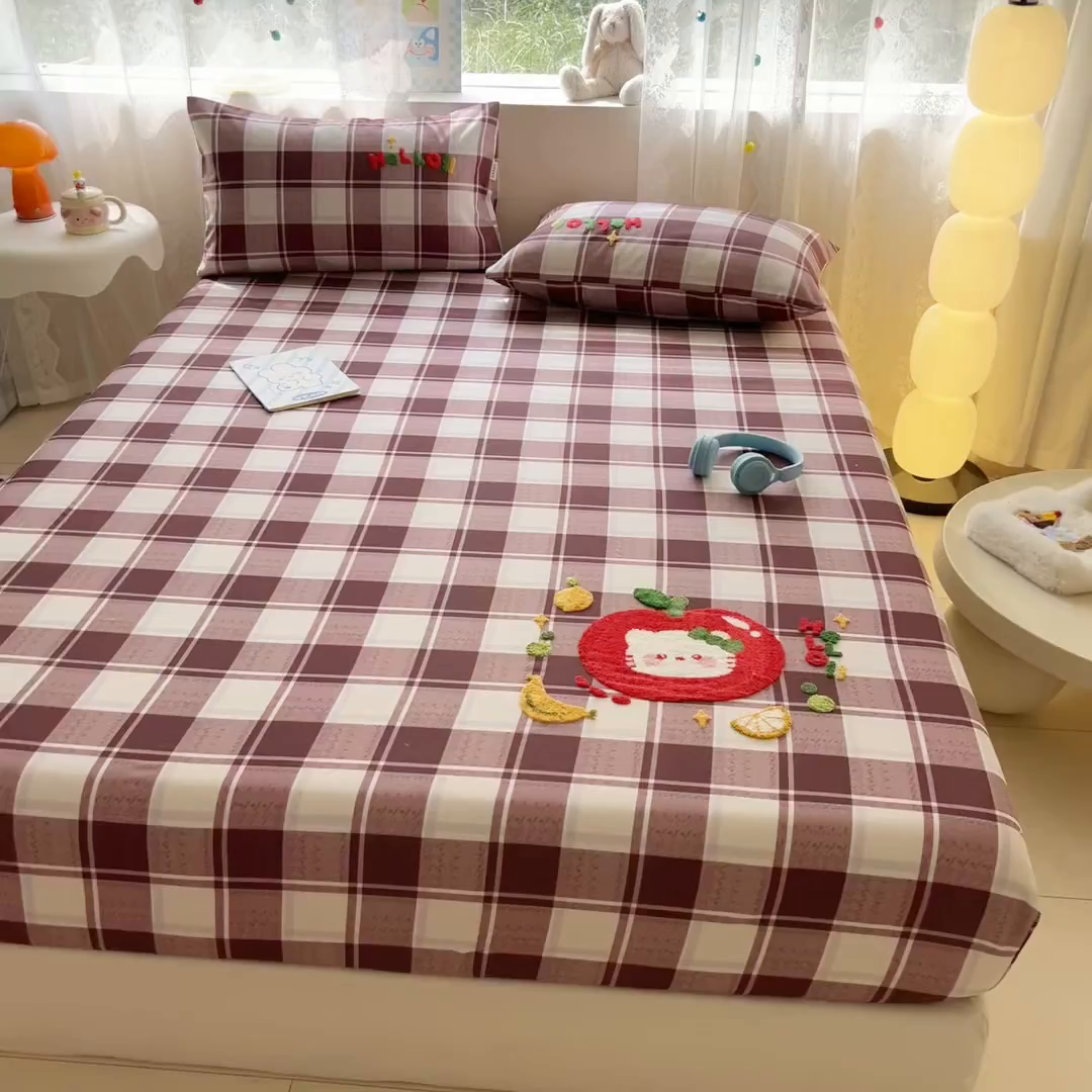 91家纺网 家纺一手货源 找家纺 沐辰 2025新款A类全棉磨毛绣花单品床单床笠 水果猫咪-床笠