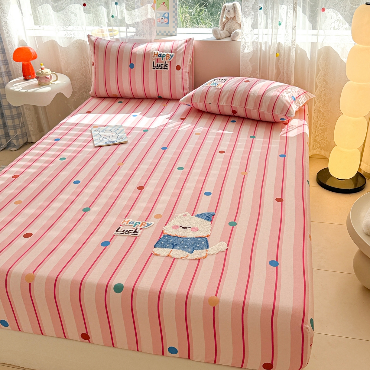 91家纺网 家纺一手货源 找家纺 沐辰 2025新款A类全棉磨毛绣花单品床单床笠 点点西高地-床笠