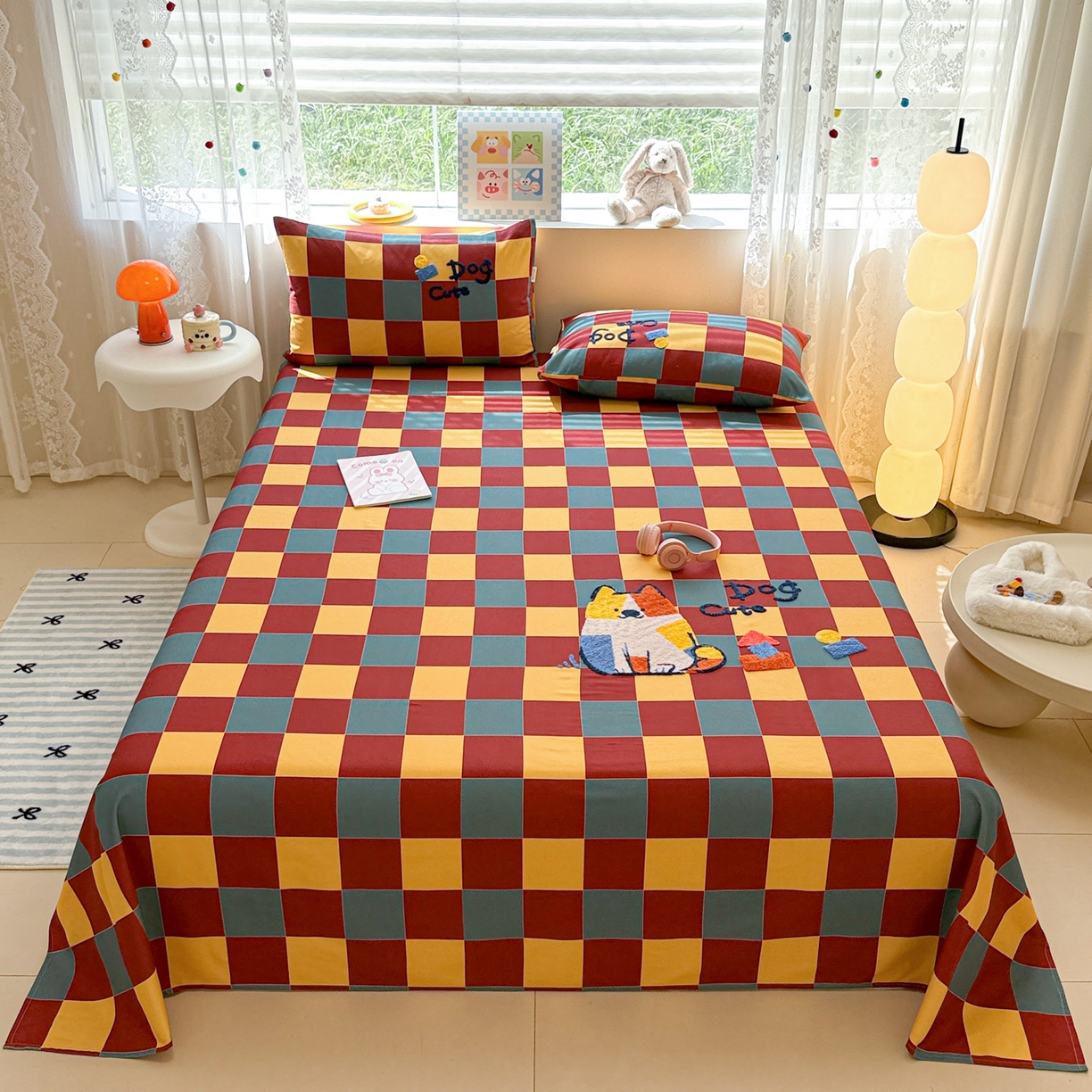 沐辰 2025新款A类全棉磨毛绣花单品床单床笠 撞色狗狗-床单