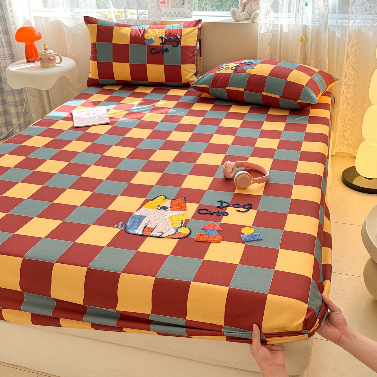 91家纺网 家纺一手货源 找家纺 沐辰 2025新款A类全棉磨毛绣花单品床单床笠 撞色狗狗-床笠