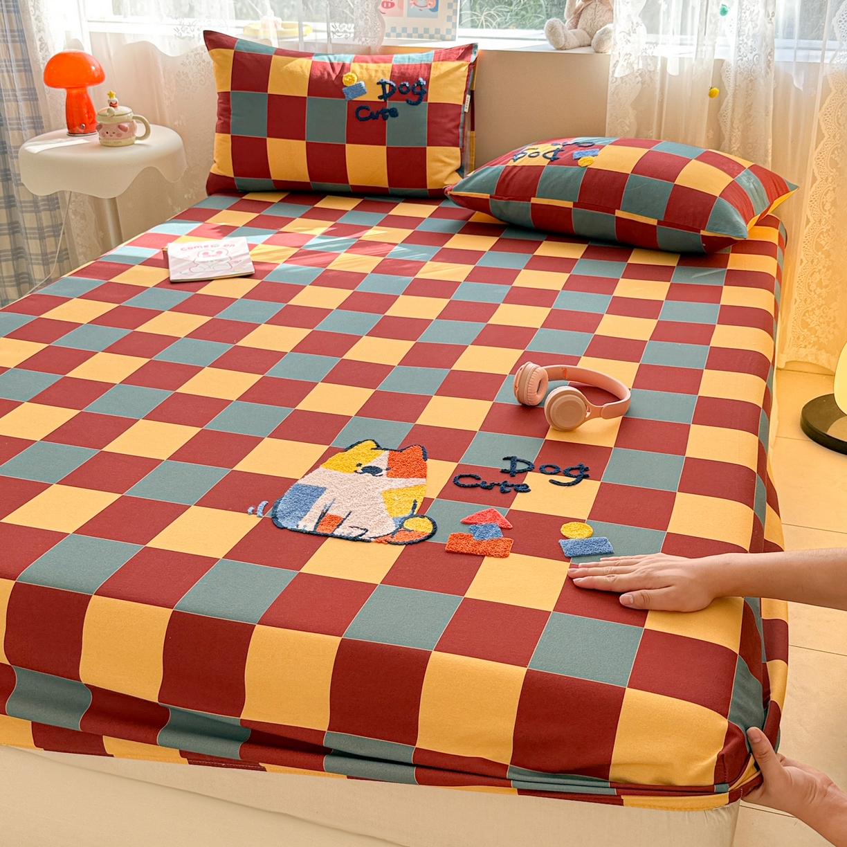 91家纺网 家纺一手货源 找家纺 沐辰 2025新款A类全棉磨毛绣花单品床单床笠 撞色狗狗-床笠