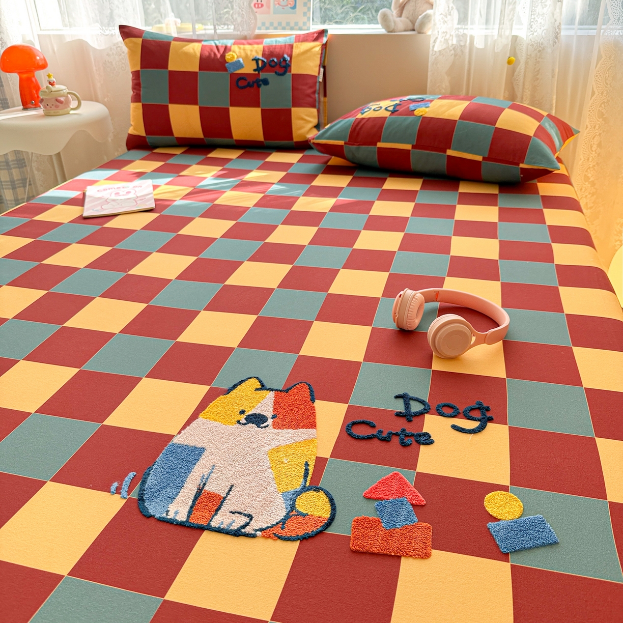 91家纺网 家纺一手货源 找家纺 沐辰 2025新款A类全棉磨毛绣花单品床单床笠 撞色狗狗-床笠