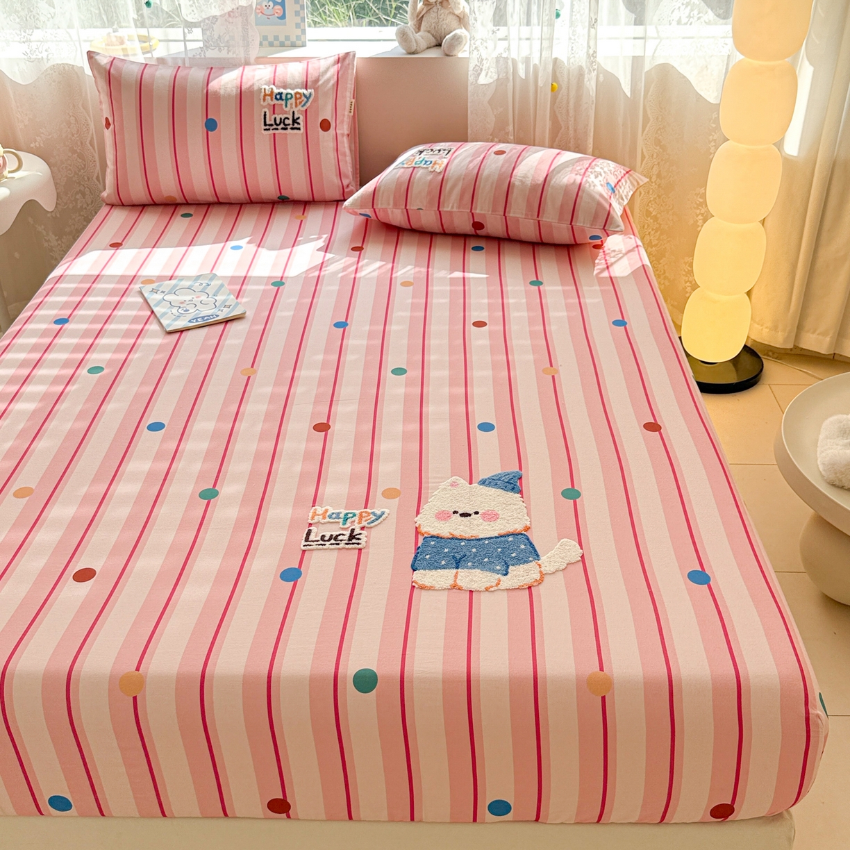 91家纺网 家纺一手货源 找家纺 沐辰 2025新款A类全棉磨毛绣花单品床单床笠 点点西高地-床笠