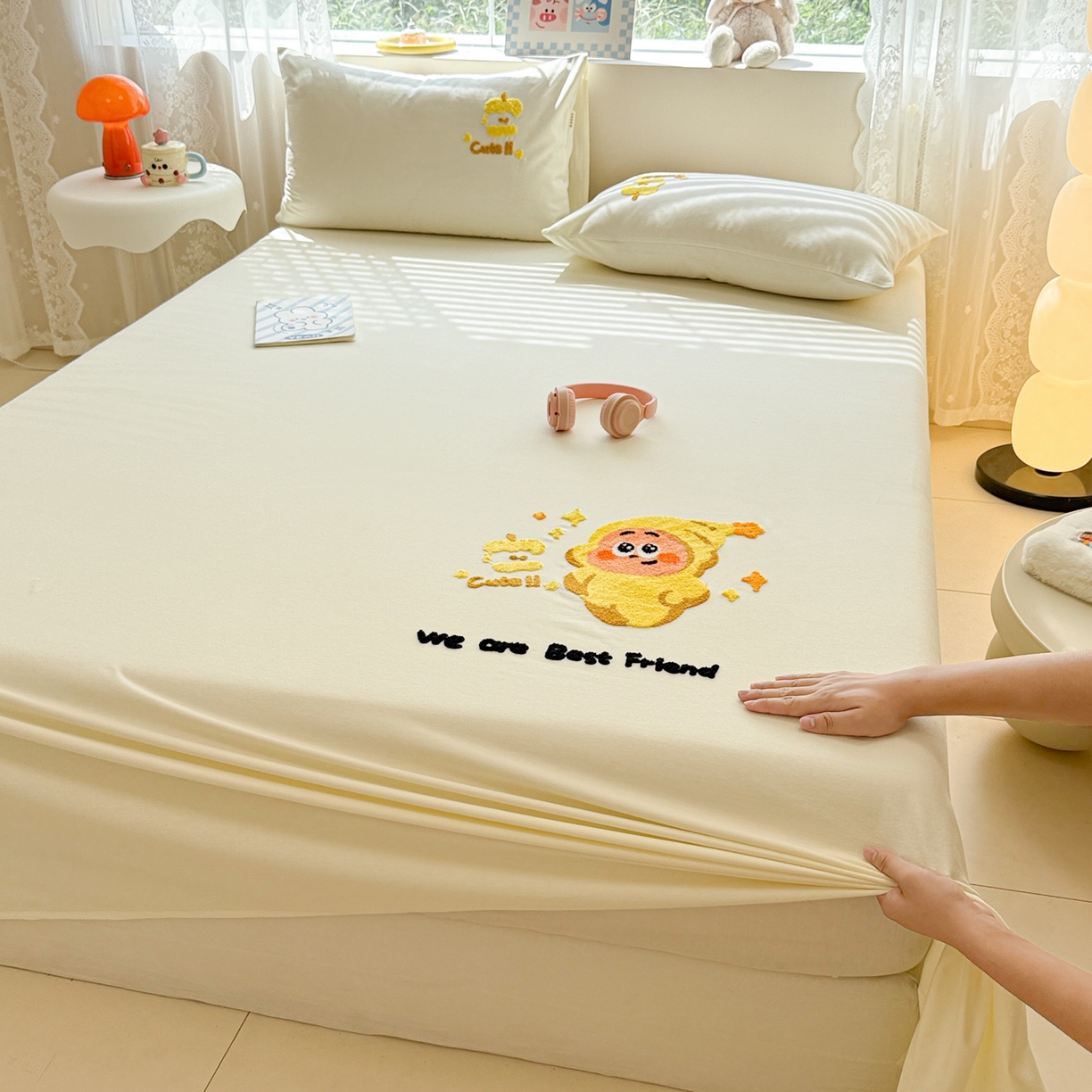 91家纺网 家纺一手货源 找家纺 沐辰 2025新款A类全棉磨毛绣花单品床单床笠 星星人米白-床单