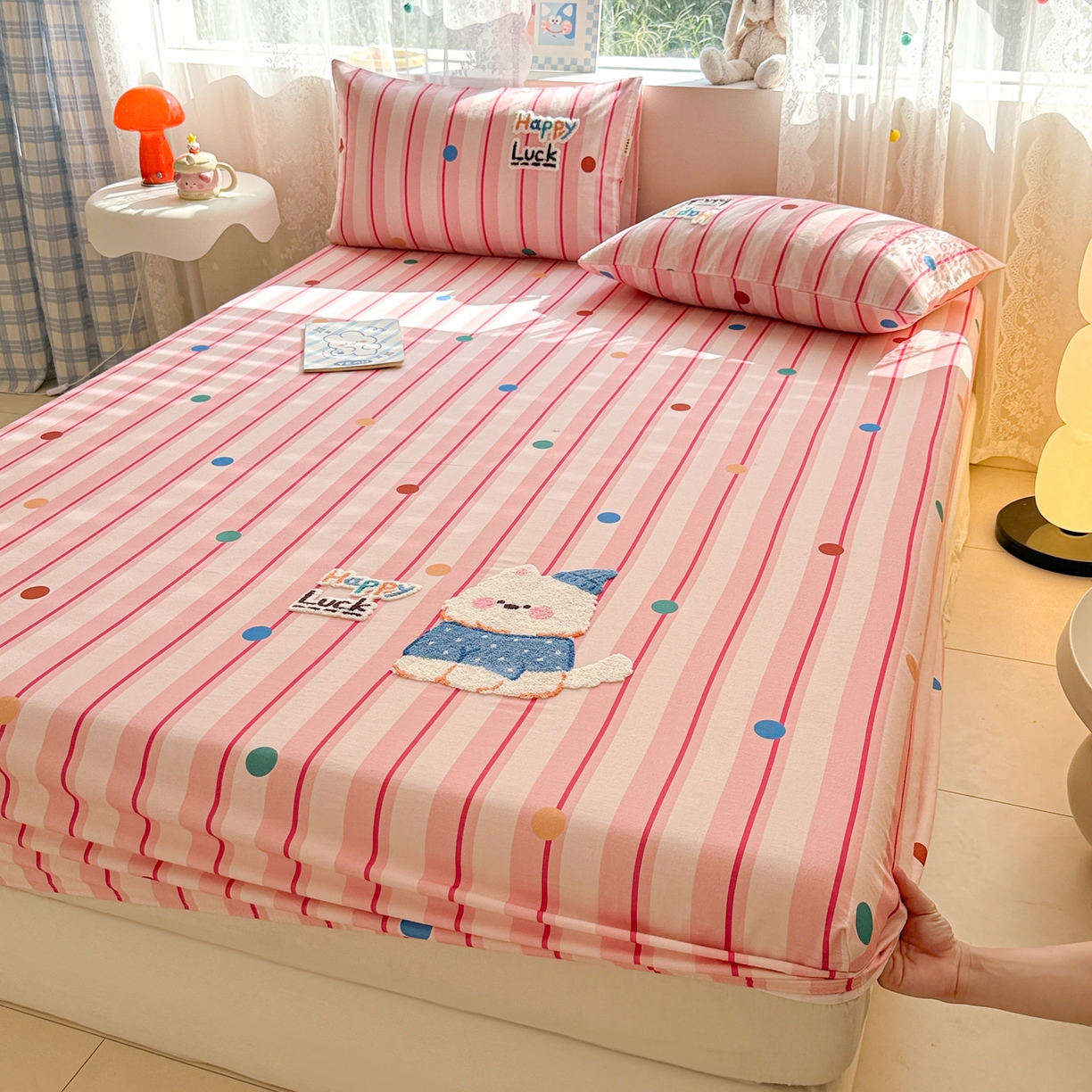 91家纺网 家纺一手货源 找家纺 沐辰 2025新款A类全棉磨毛绣花单品床单床笠 点点西高地-床笠