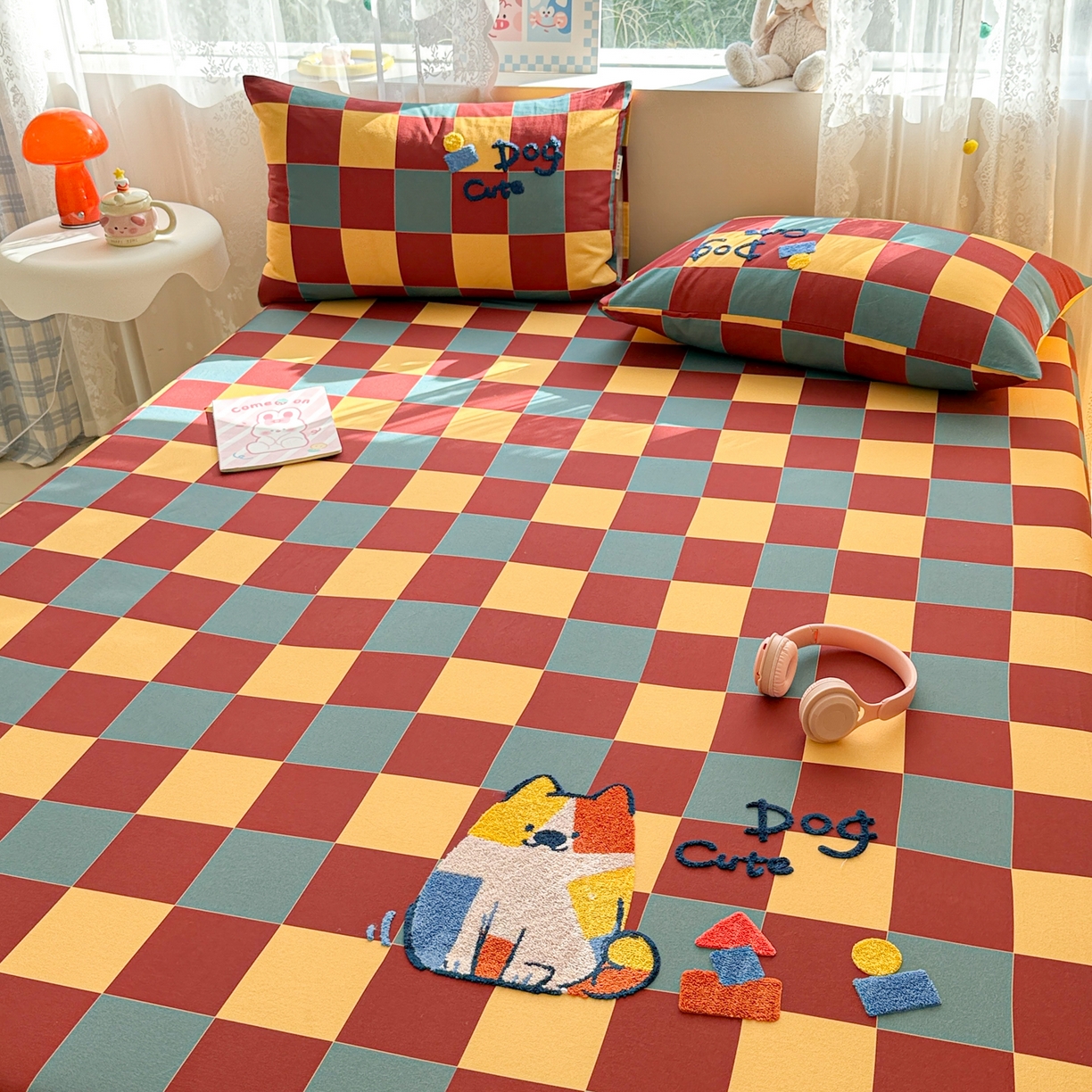 91家纺网 家纺一手货源 找家纺 沐辰 2025新款A类全棉磨毛绣花单品床单床笠 撞色狗狗-床笠