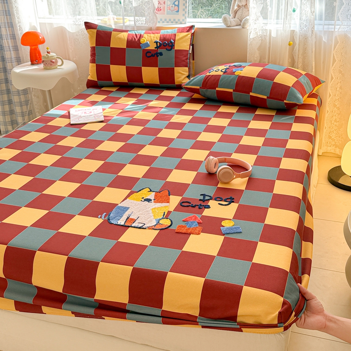 91家纺网 家纺一手货源 找家纺 沐辰 2025新款A类全棉磨毛绣花单品床单床笠 撞色狗狗-床笠