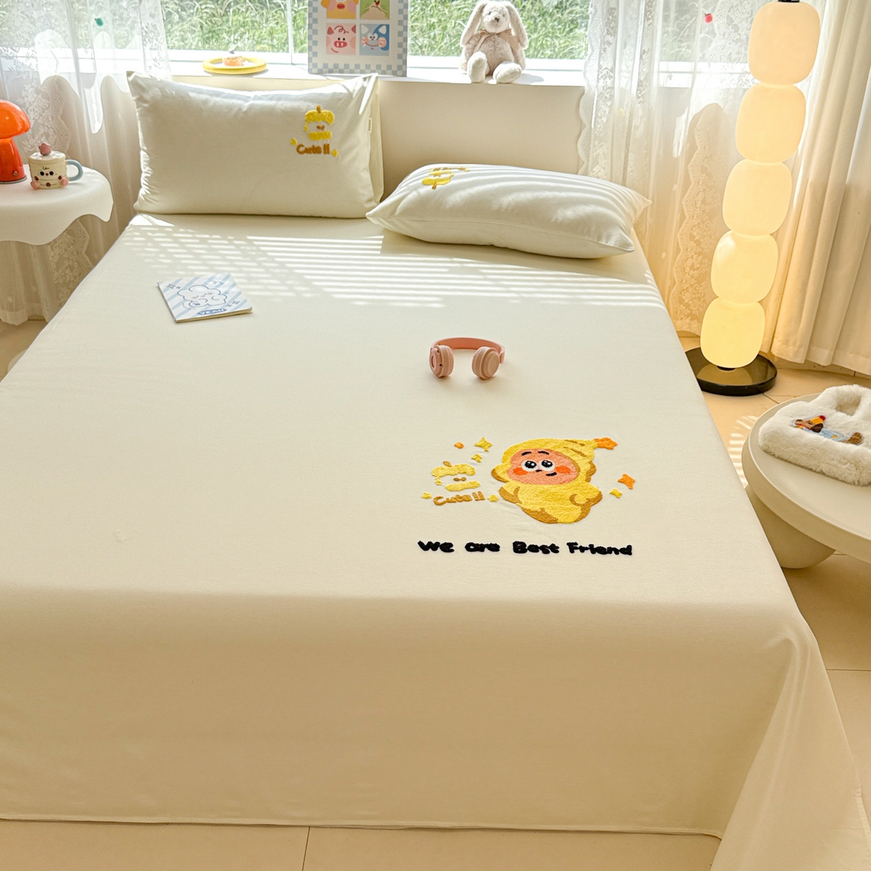 91家纺网 家纺一手货源 找家纺 沐辰 2025新款A类全棉磨毛绣花单品床单床笠 星星人米白-床单