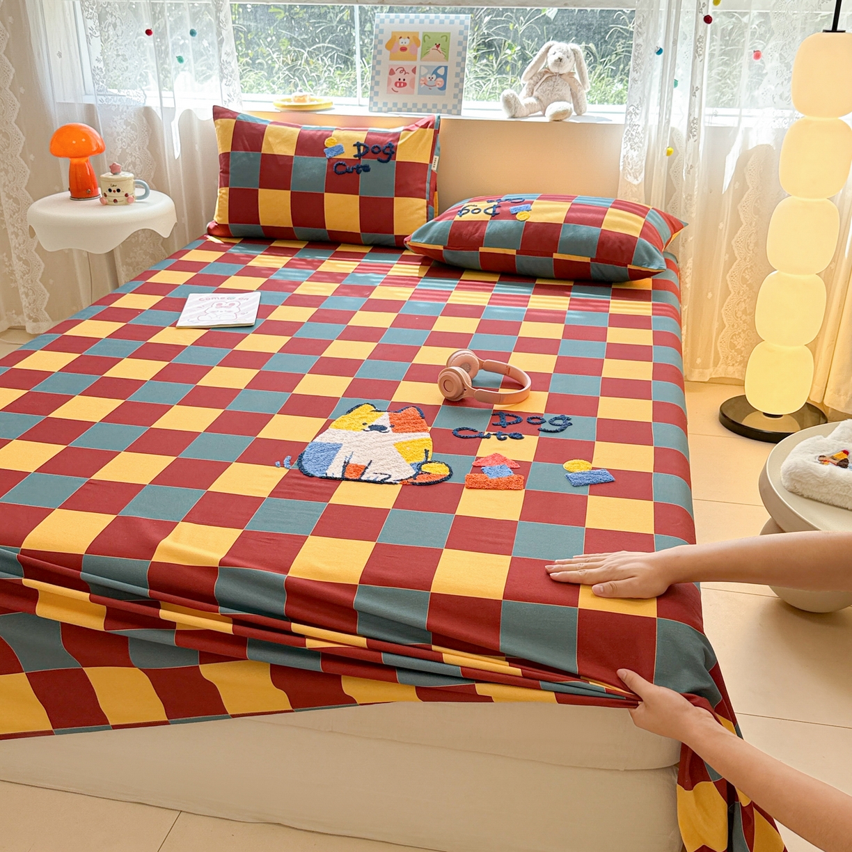 91家纺网 家纺一手货源 找家纺 沐辰 2025新款A类全棉磨毛绣花单品床单床笠 撞色狗狗-床单