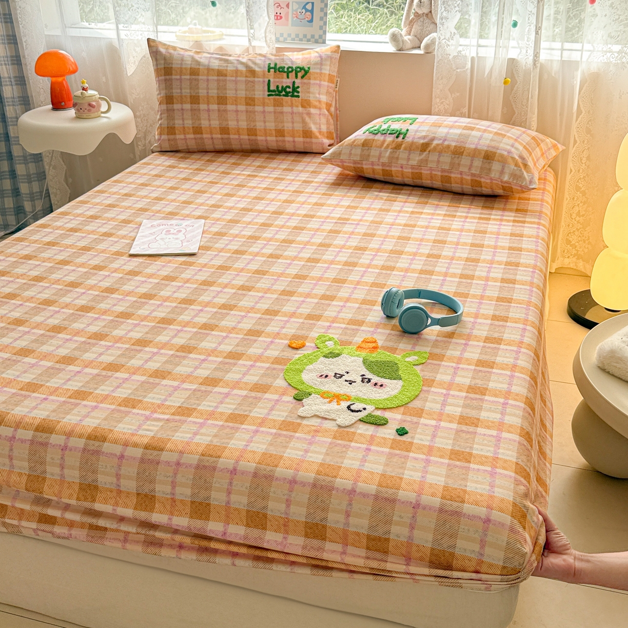 91家纺网 家纺一手货源 找家纺 沐辰 2025新款A类全棉磨毛绣花单品床单床笠 超酷吉伊卡哇-床笠