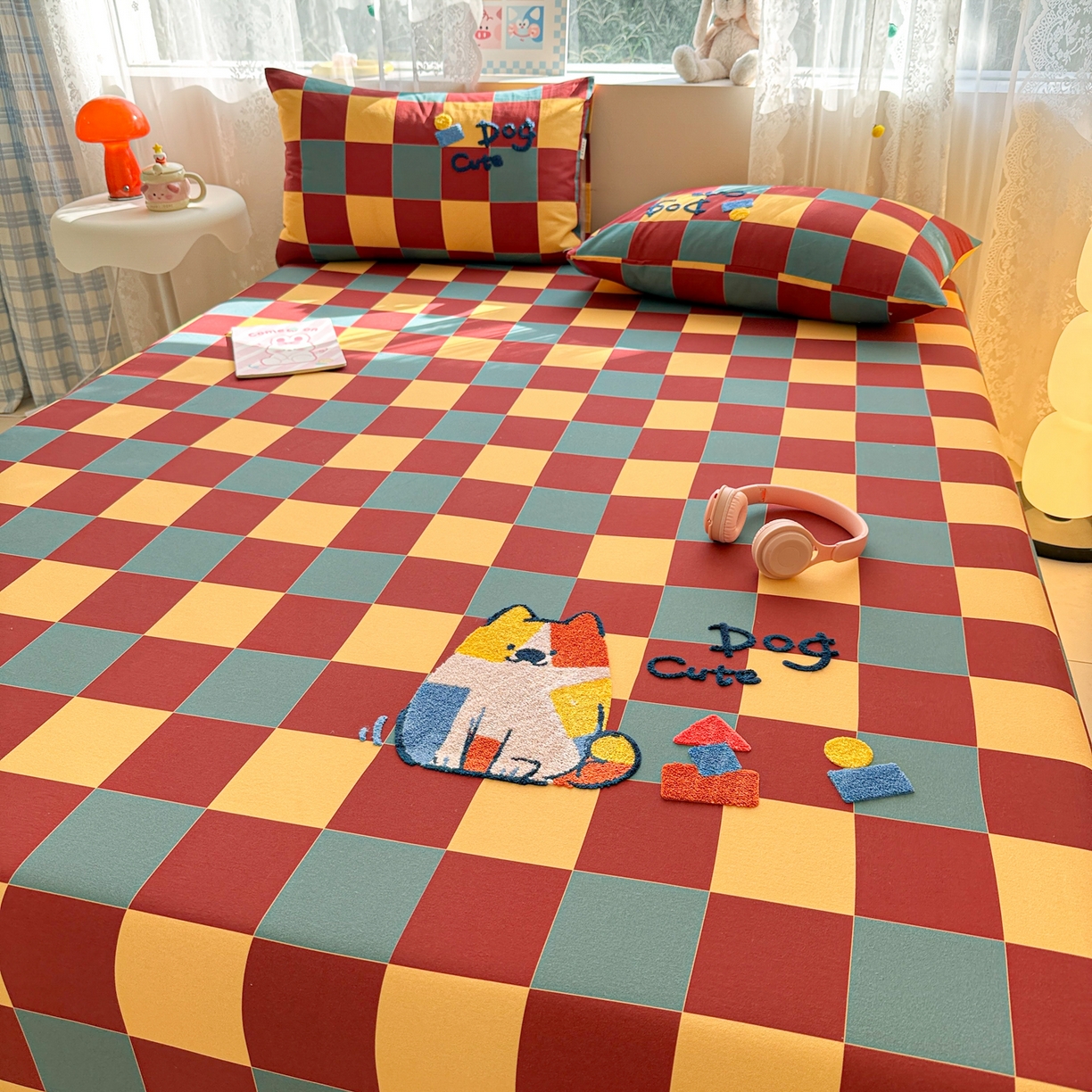 91家纺网 家纺一手货源 找家纺 沐辰 2025新款A类全棉磨毛绣花单品床单床笠 撞色狗狗-床笠