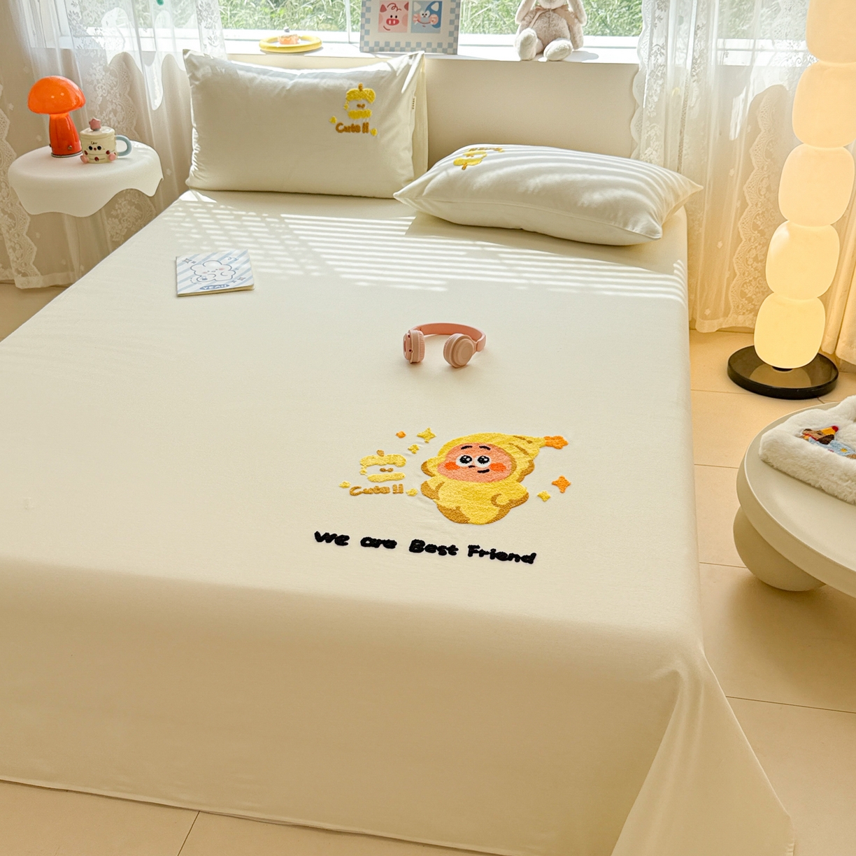 91家纺网 家纺一手货源 找家纺 沐辰 2025新款A类全棉磨毛绣花单品床单床笠 星星人米白-床单