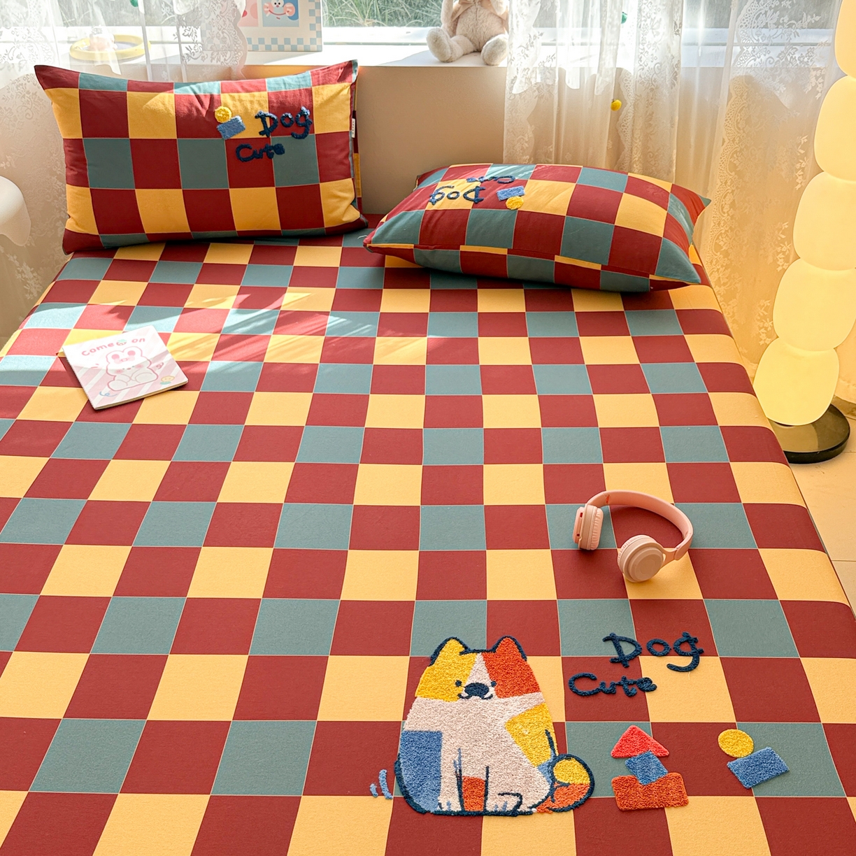 91家纺网 家纺一手货源 找家纺 沐辰 2025新款A类全棉磨毛绣花单品床单床笠 撞色狗狗-床笠