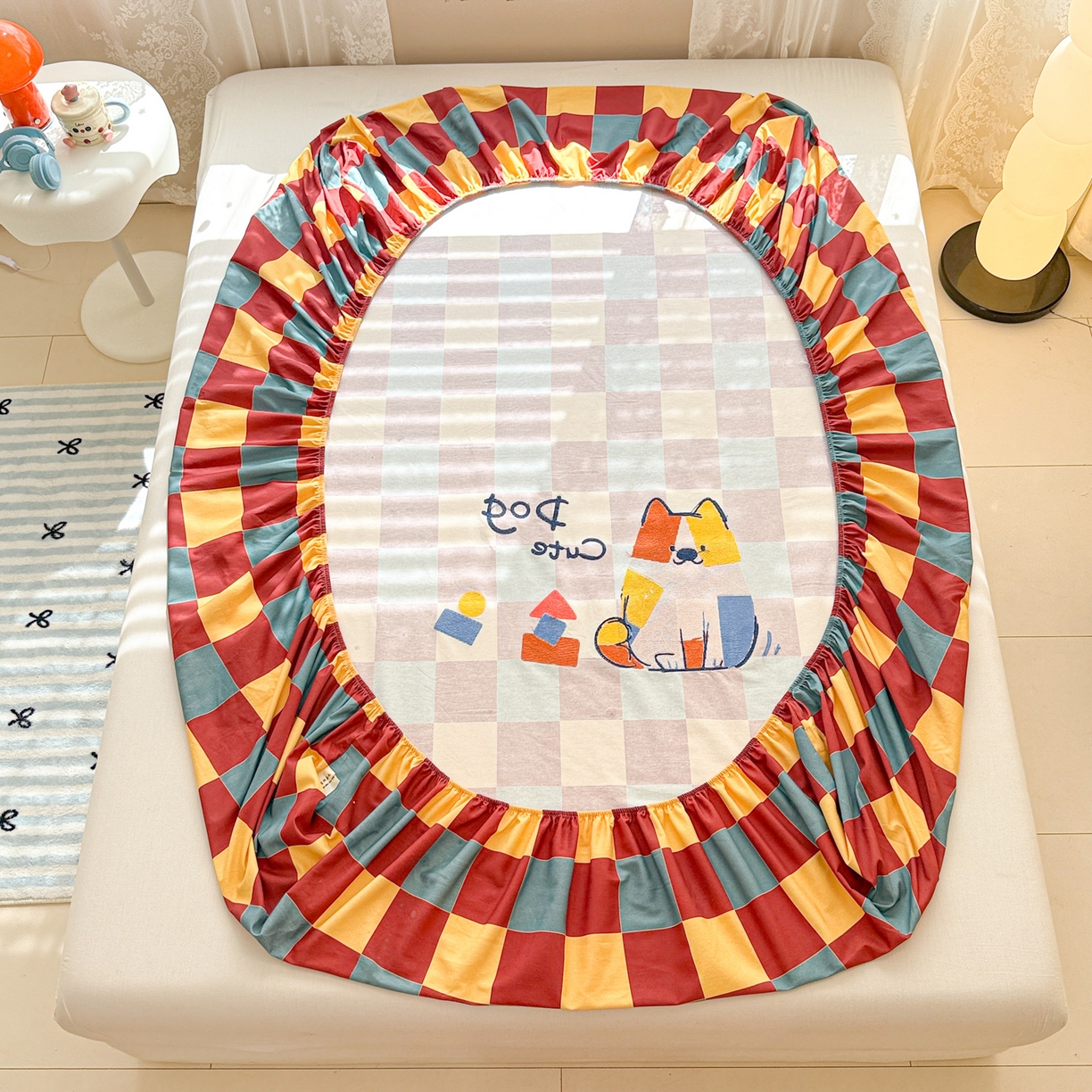 91家纺网 家纺一手货源 找家纺 沐辰 2025新款A类全棉磨毛绣花单品床单床笠 撞色狗狗-床笠