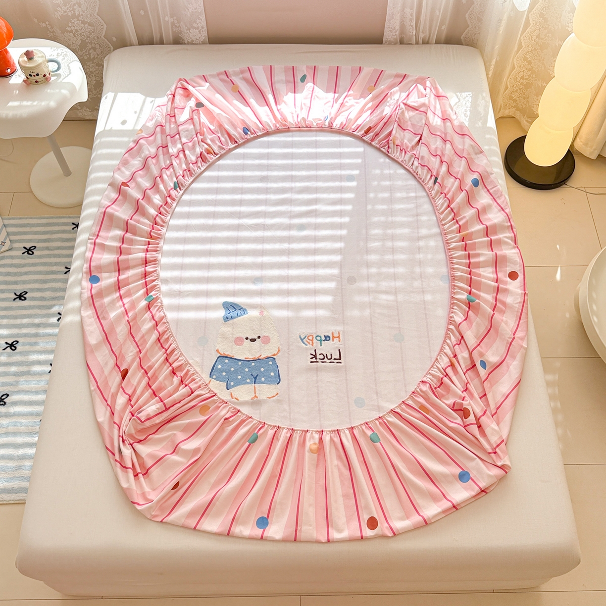 91家纺网 家纺一手货源 找家纺 沐辰 2025新款A类全棉磨毛绣花单品床单床笠 点点西高地-床笠