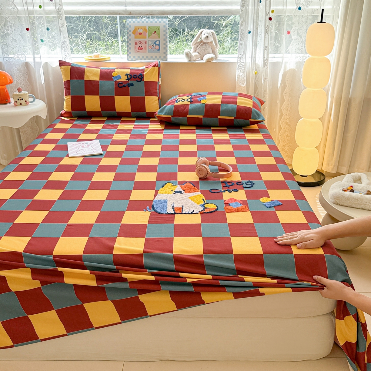 91家纺网 家纺一手货源 找家纺 沐辰 2025新款A类全棉磨毛绣花单品床单床笠 撞色狗狗-床单