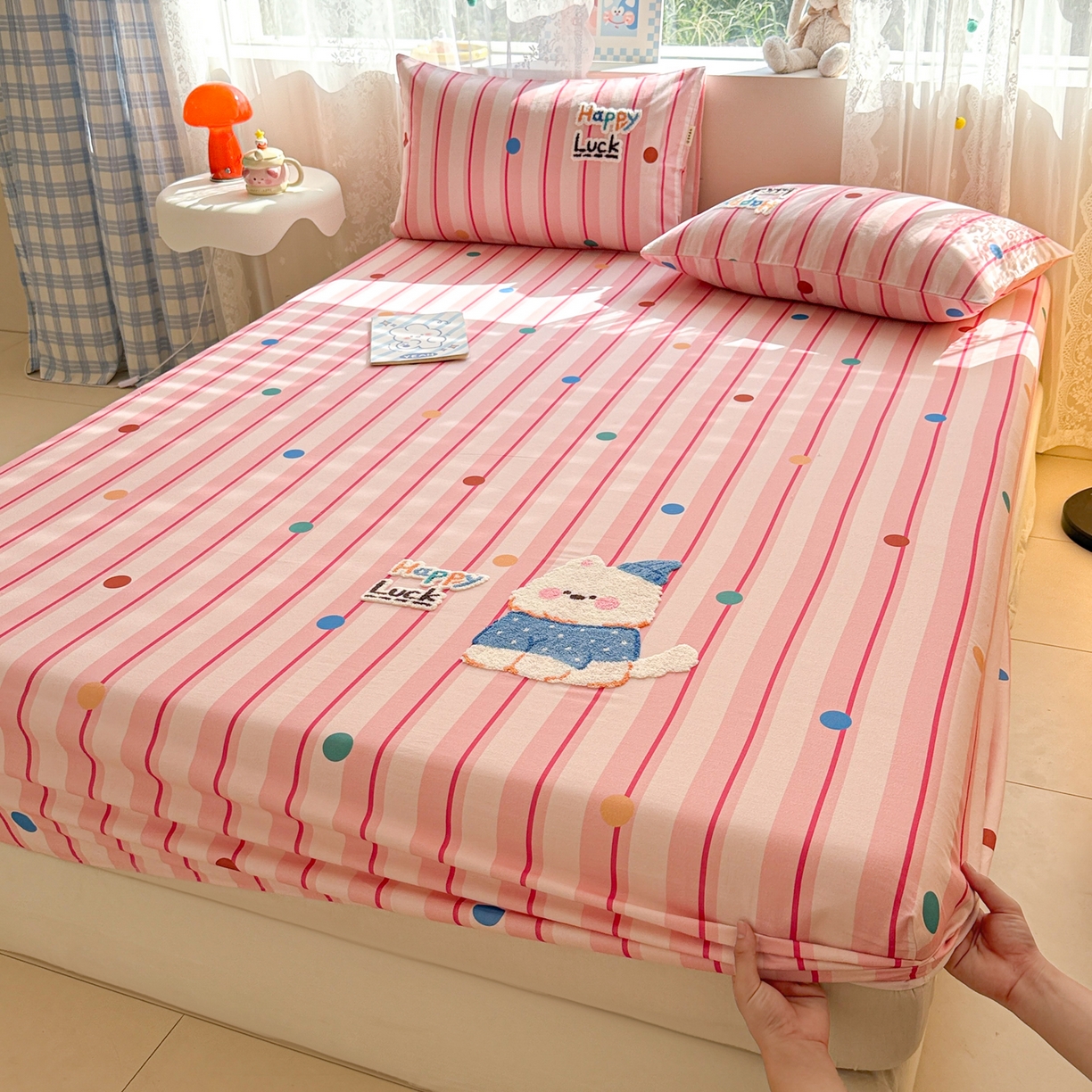 91家纺网 家纺一手货源 找家纺 沐辰 2025新款A类全棉磨毛绣花单品床单床笠 点点西高地-床笠