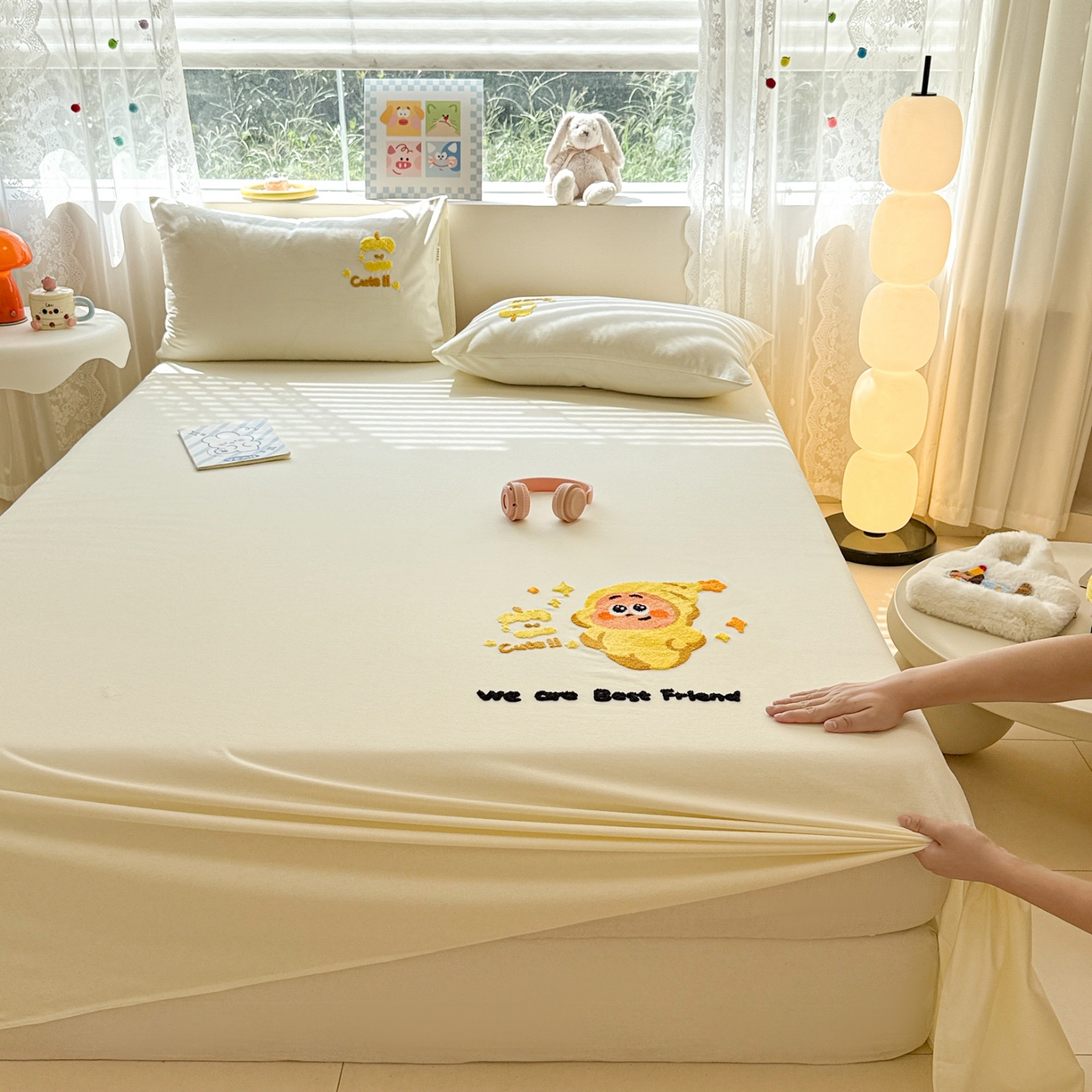 91家纺网 家纺一手货源 找家纺 沐辰 2025新款A类全棉磨毛绣花单品床单床笠 星星人米白-床单