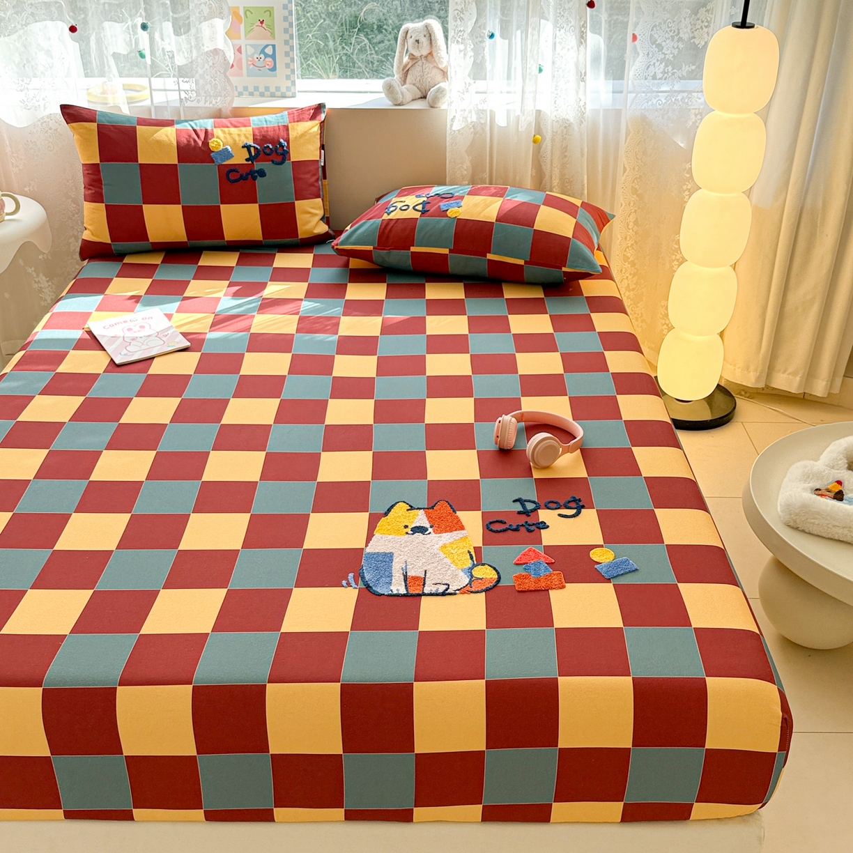 91家纺网 家纺一手货源 找家纺 沐辰 2025新款A类全棉磨毛绣花单品床单床笠 撞色狗狗-床笠