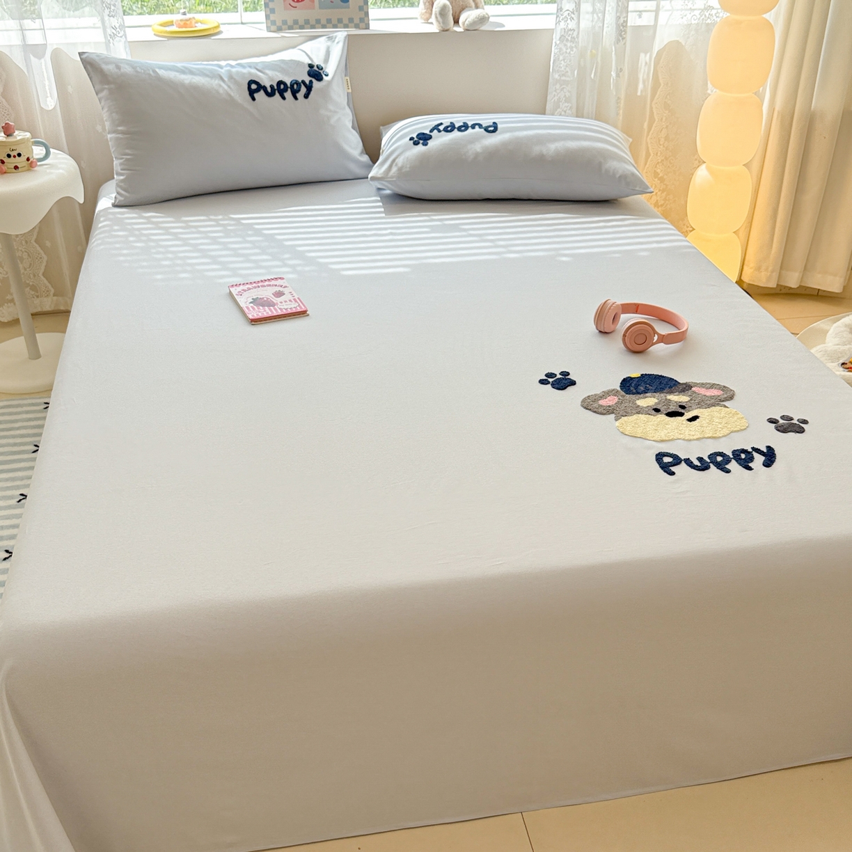 91家纺网 家纺一手货源 找家纺 沐辰 2025新款A类全棉磨毛绣花单品床单床笠 邮差小狗-床单