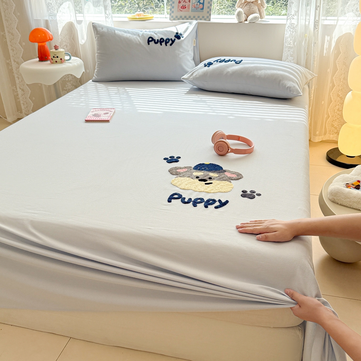 91家纺网 家纺一手货源 找家纺 沐辰 2025新款A类全棉磨毛绣花单品床单床笠 邮差小狗-床单