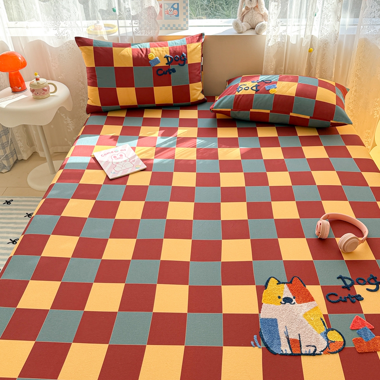 91家纺网 家纺一手货源 找家纺 沐辰 2025新款A类全棉磨毛绣花单品床单床笠 撞色狗狗-床笠