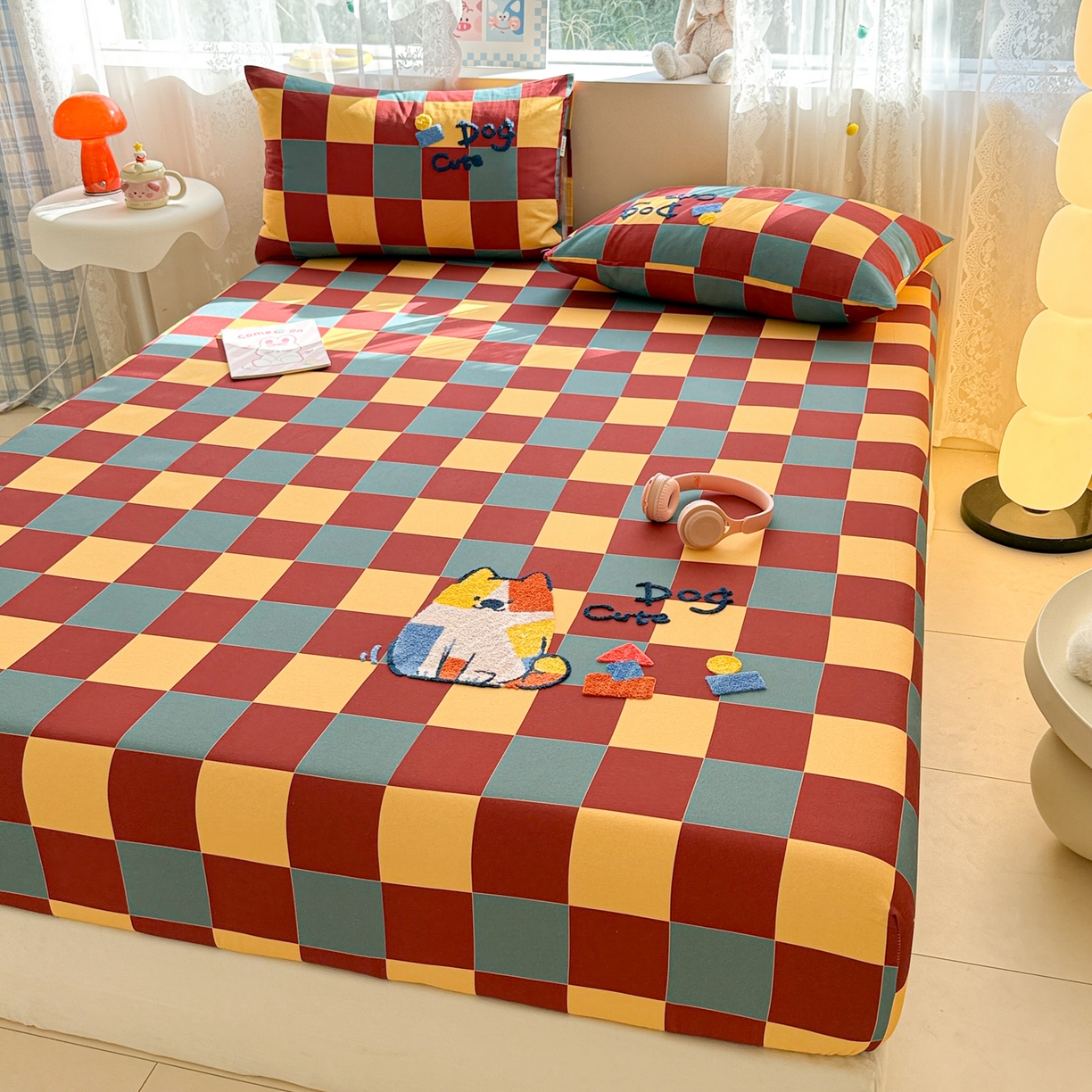 91家纺网 家纺一手货源 找家纺 沐辰 2025新款A类全棉磨毛绣花单品床单床笠 撞色狗狗-床笠