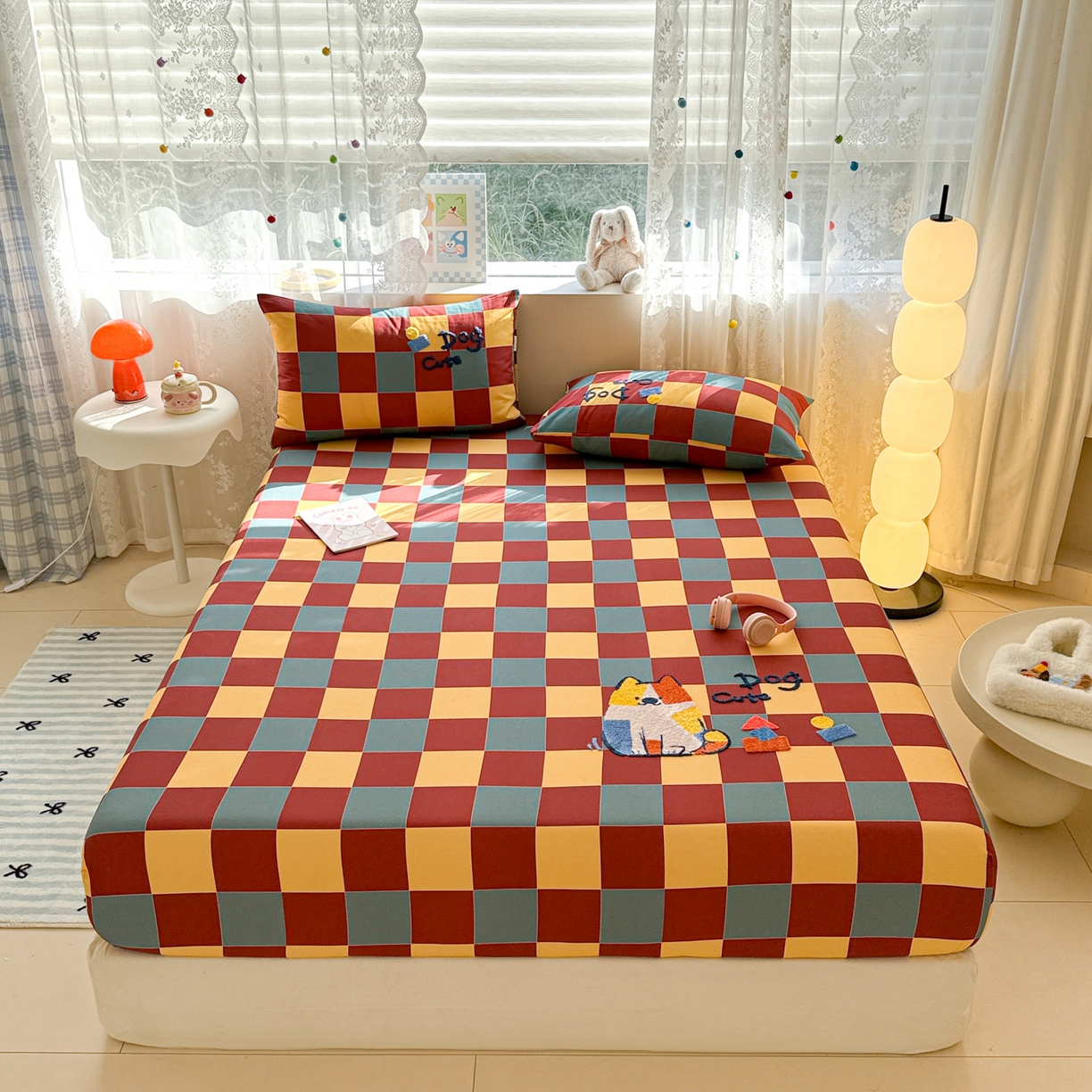 沐辰 2025新款A类全棉磨毛绣花单品床单床笠 撞色狗狗-床笠