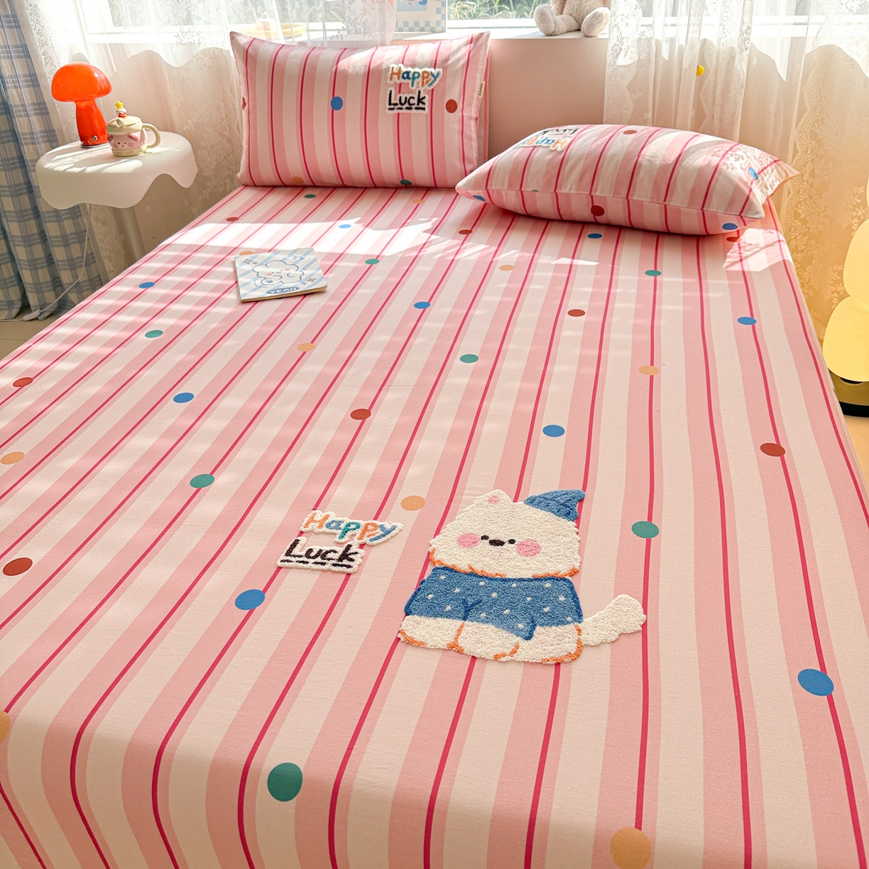 91家纺网 家纺一手货源 找家纺 沐辰 2025新款A类全棉磨毛绣花单品床单床笠 点点西高地-床笠