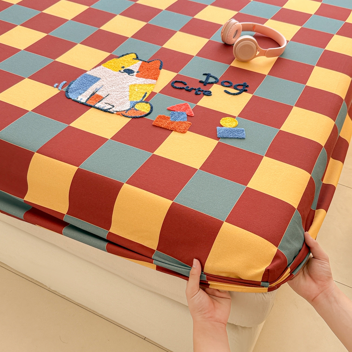 91家纺网 家纺一手货源 找家纺 沐辰 2025新款A类全棉磨毛绣花单品床单床笠 撞色狗狗-床笠