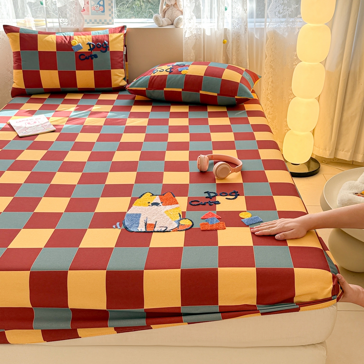 91家纺网 家纺一手货源 找家纺 沐辰 2025新款A类全棉磨毛绣花单品床单床笠 撞色狗狗-床笠