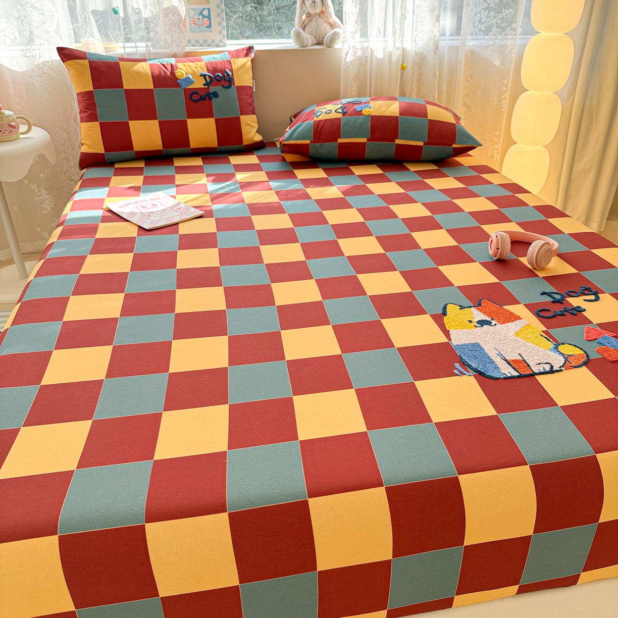 91家纺网 家纺一手货源 找家纺 沐辰 2025新款A类全棉磨毛绣花单品床单床笠 撞色狗狗-床笠