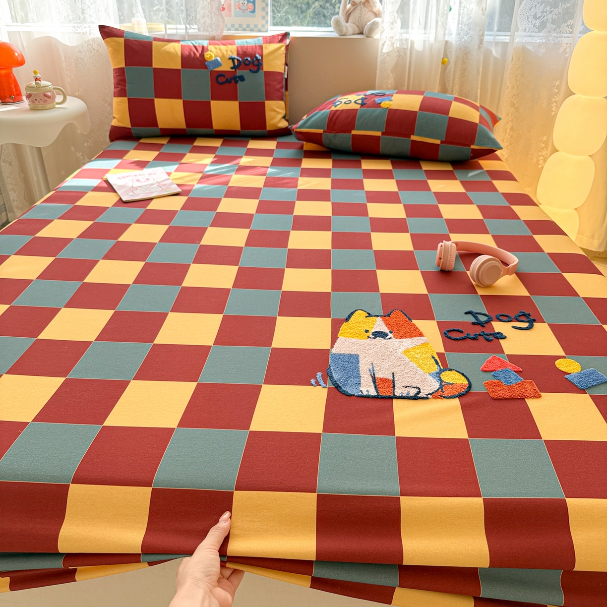 91家纺网 家纺一手货源 找家纺 沐辰 2025新款A类全棉磨毛绣花单品床单床笠 撞色狗狗-床笠