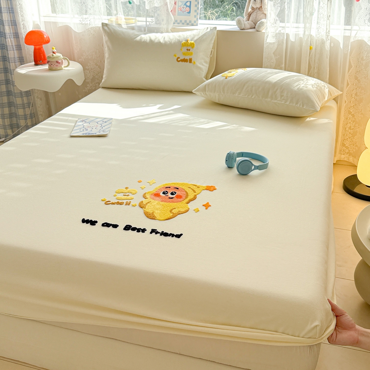 91家纺网 家纺一手货源 找家纺 沐辰 2025新款A类全棉磨毛绣花单品床单床笠 星星人米白-床笠