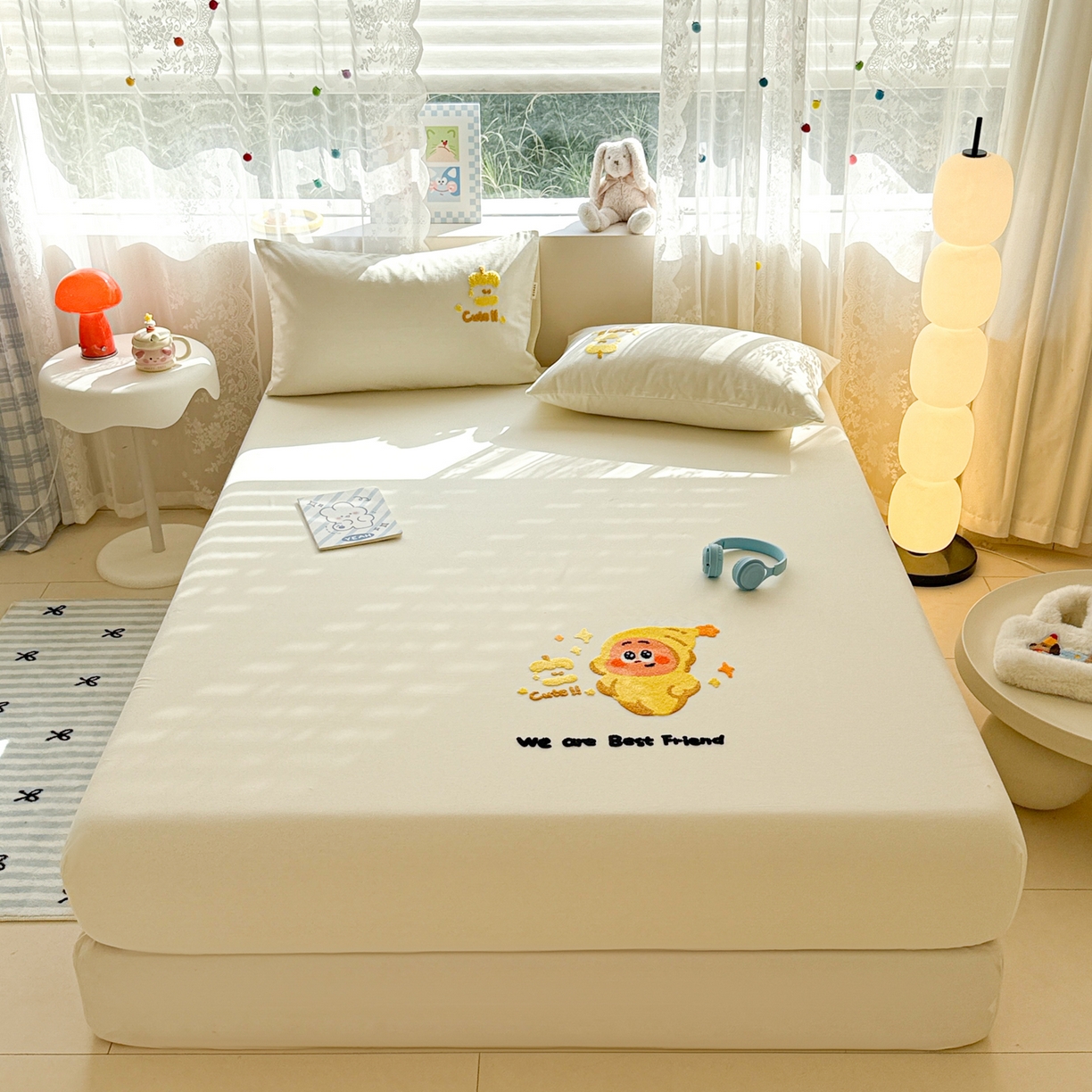 沐辰 2025新款A类全棉磨毛绣花单品床单床笠 星星人米白-床笠