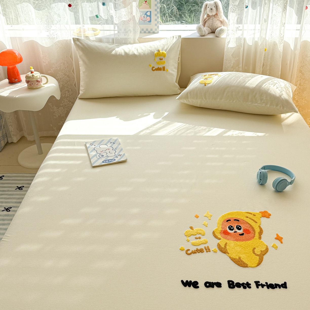 91家纺网 家纺一手货源 找家纺 沐辰 2025新款A类全棉磨毛绣花单品床单床笠 星星人米白-床笠